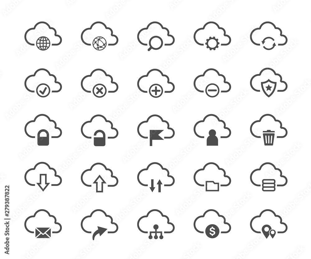 Computer cloud data digital technology Network service sharing line icon set. Isolated icon collection on white background. Computer cloud data digital technology Network service sharing line icon set. Isolated icon collection on white background.