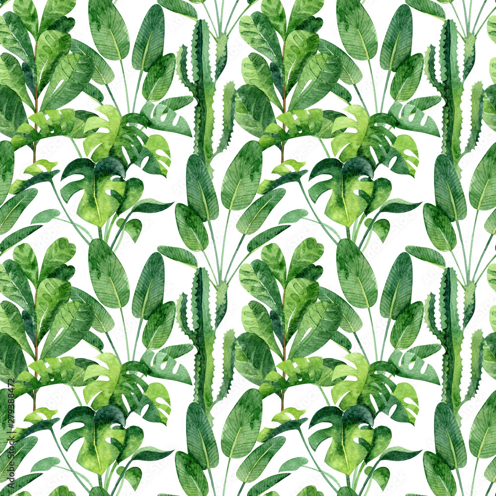 Obraz premium Watercolor seamless pattern with home greenery monstera, cactus, ficus.