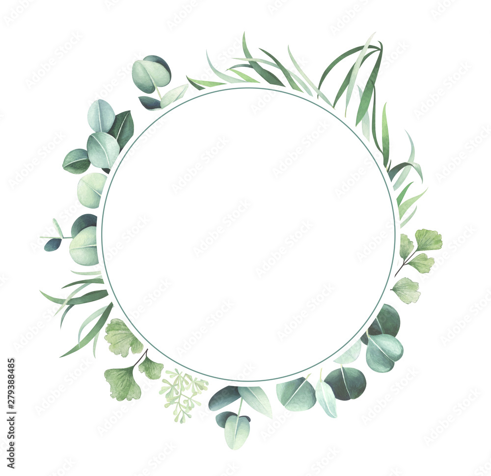 Round watercolor frame with leaves isolated on white background. Round watercolor frame with leaves isolated on white background.