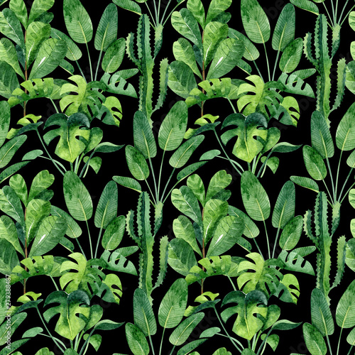 Watercolor seamless pattern with home greenery monstera, cactus, ficus.