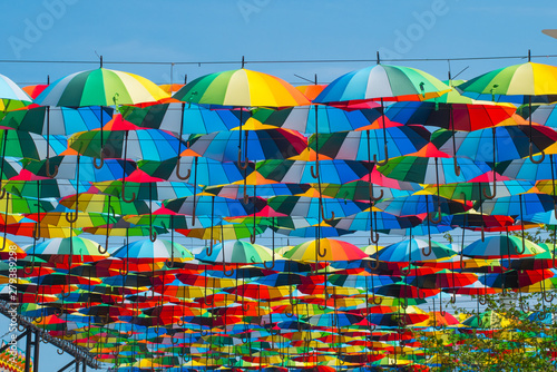 outdoors decoration with many colorful umbrellas against blue sky and sun  © serejkakovalev