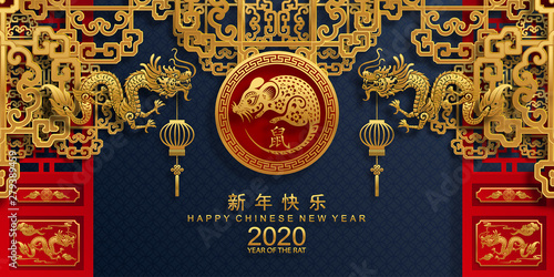 Happy chinese new year 2020 year of the rat ,paper cut rat character,flower and asian elements with craft style on background.  (Chinese translation : Happy chinese new year 2020, year of rat)
