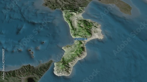 Calabria - region of Italy with its capital zoomed on the satellite map of the globe. Animation 3D