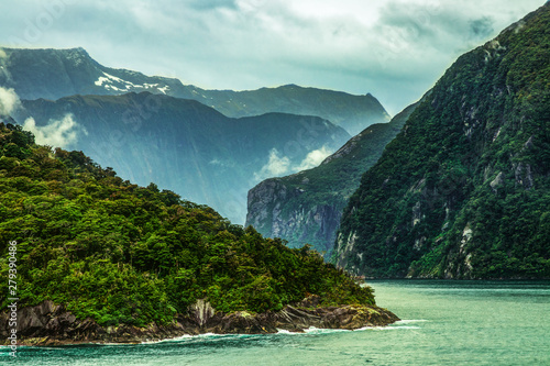 Beautiful view on the entrance of the milford sound in the famous fjordland in new zealand