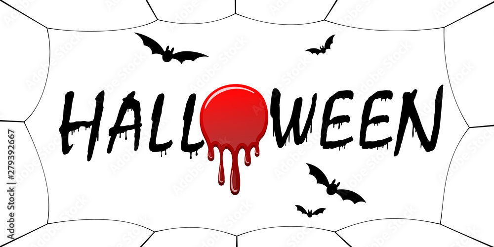Happy Halloween card. Black scary design isolated on white background.  Horror silhouette for banner, holiday card. Cartoon sinister dripping flow  blood, swarm flying bats, web. Vector illustration Stock Vector | Adobe  Stock