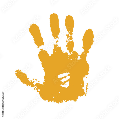 Hand paint print, isolated white background. Yellow human palm and fingers. Abstract art design, symbol identity people. Silhouette child, kid, people handprint. Grunge texture. Vector illustration