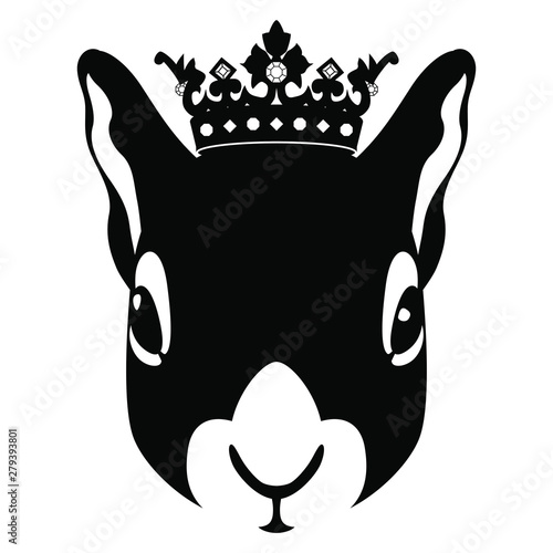 head of a funny squirrel wearing royal crown. Black and white silhouette.