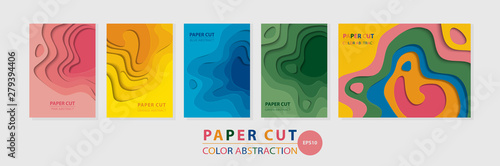 Vector vertical and horizontal multicolored 3D abstract A4 templates for various kinds of printed products made in paper cutting technique. Vector set of five colorful papercuts