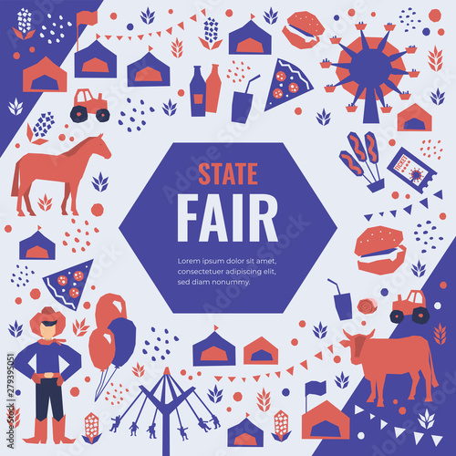 Vector detail illustration of State Fair. Event poster with food market, ferris wheel, farm animals, country fair. Design template for banner, brochure, invitation, landing page, print, flyer, advert.