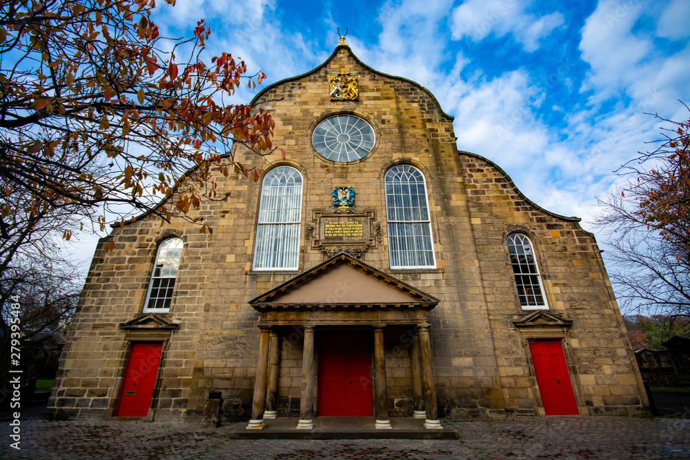 Church in Scotland with red doors