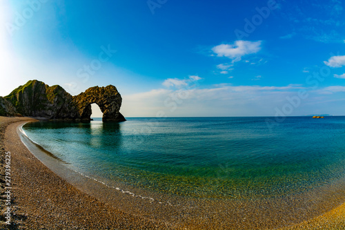 Durdle Door pebble beach in a ultra wide angle view