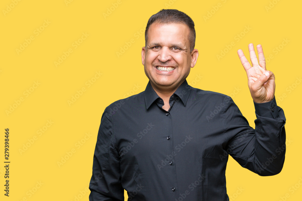 Handsome middle age arab business man over isolated background showing and pointing up with fingers number three while smiling confident and happy. Handsome middle age arab business man over isolated background showing and pointing up with fingers number three while smiling confident and happy.