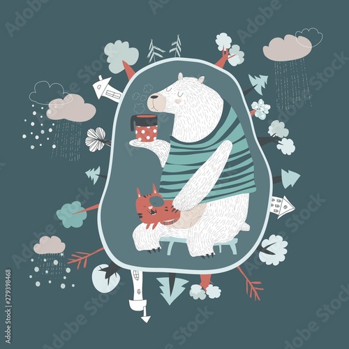 Cute cartoon bear with little cat in den