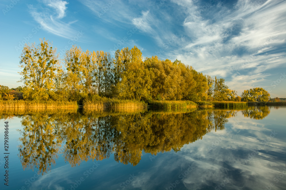 Mirror image of trees in water and clouds on the sky Mirror image of trees in water and clouds on the sky