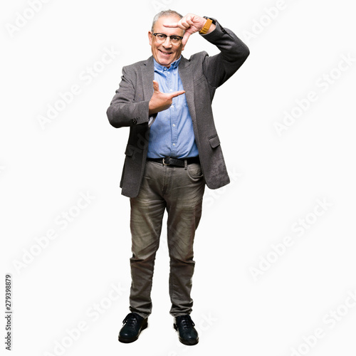 Handsome senior businesss man wearing glasses smiling making frame with hands and fingers with happy face. Creativity and photography concept.
