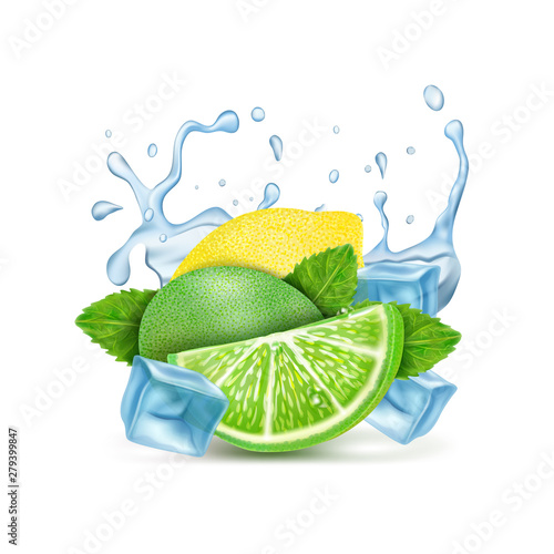 Collage of mojito cocktail, lemon, mint and lime with a splash of water. Vector.