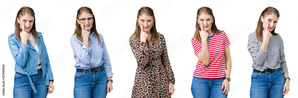 Collage of beautiful middle age woman over isolated background Pointing to the eye watching you gesture, suspicious expression Collage of beautiful middle age woman over isolated background Pointing to the eye watching you gesture, suspicious expression