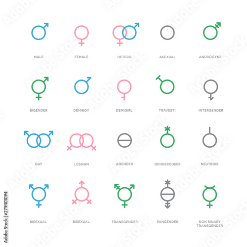 Sexual orientation gender symbols. Male, female, transgender, bigender, travesti, genderqueer, androgyne and more.