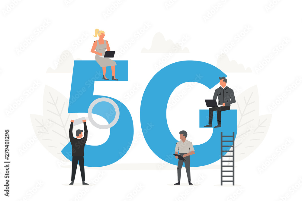 5G network wireless concept. Office people sitting and standing around the big letters 5G.