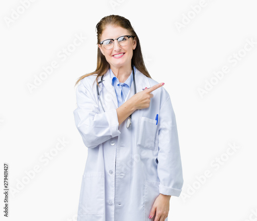 Middle age mature doctor woman wearing medical coat over isolated background cheerful with a smile of face pointing with hand and finger up to the side with happy and natural expression on face