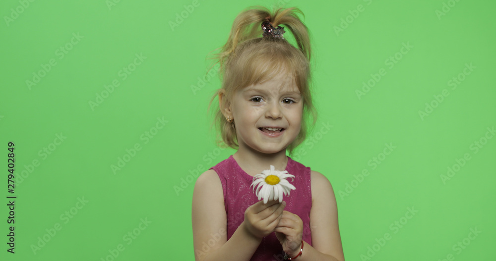 Positive blonde girl in purple dress holds chamomile flower. Chroma Key Positive blonde girl in purple dress holds chamomile flower. Chroma Key