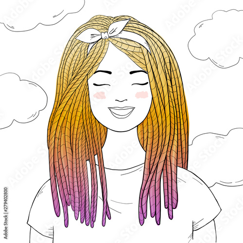 Modern fashionable woman with dreadlocks and colored hair.