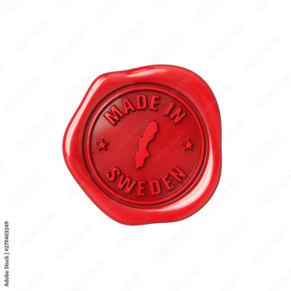 Seal made in Sweden. Red sealing wax. Origin stamp.