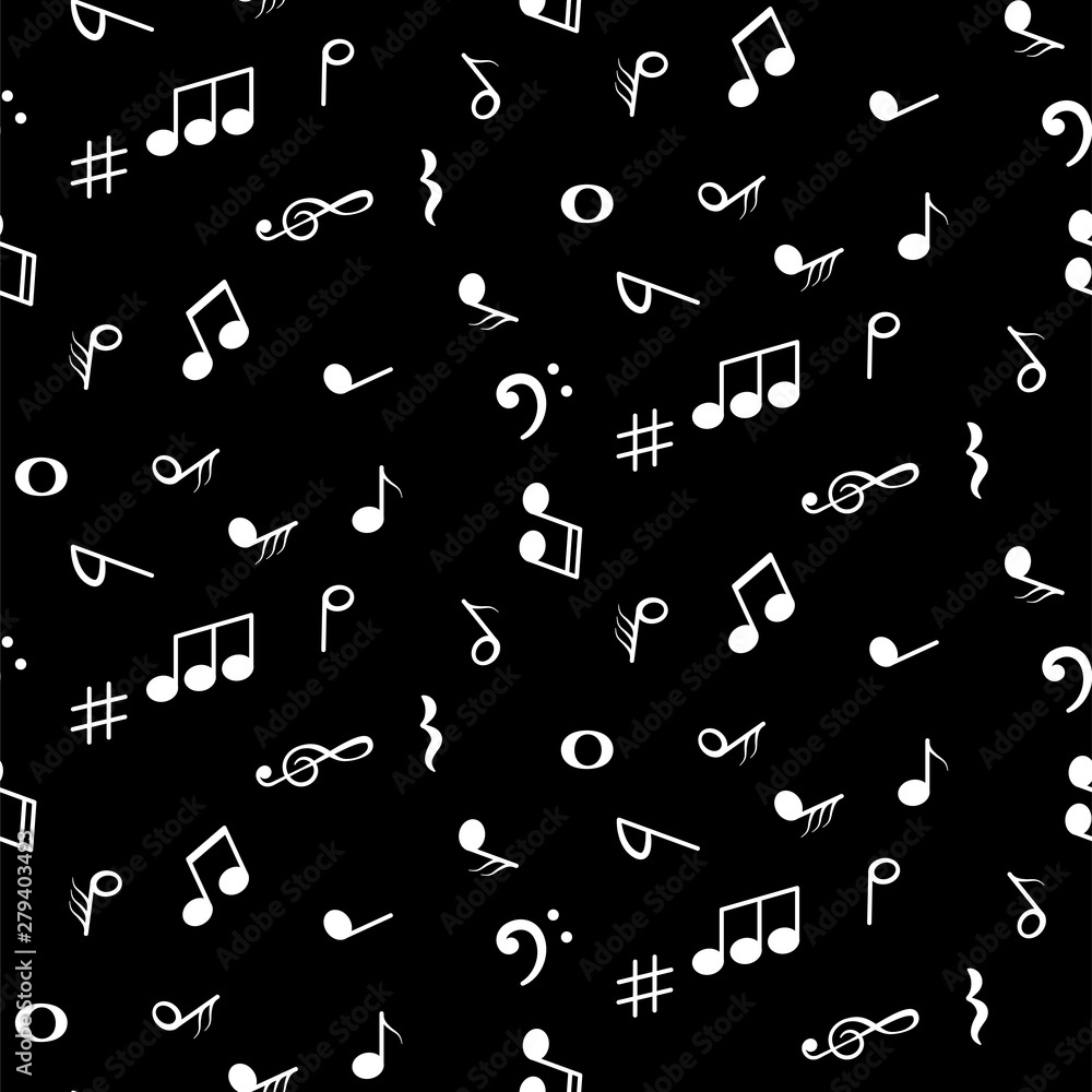 Seamless pattern with music notes symbols. Black background.