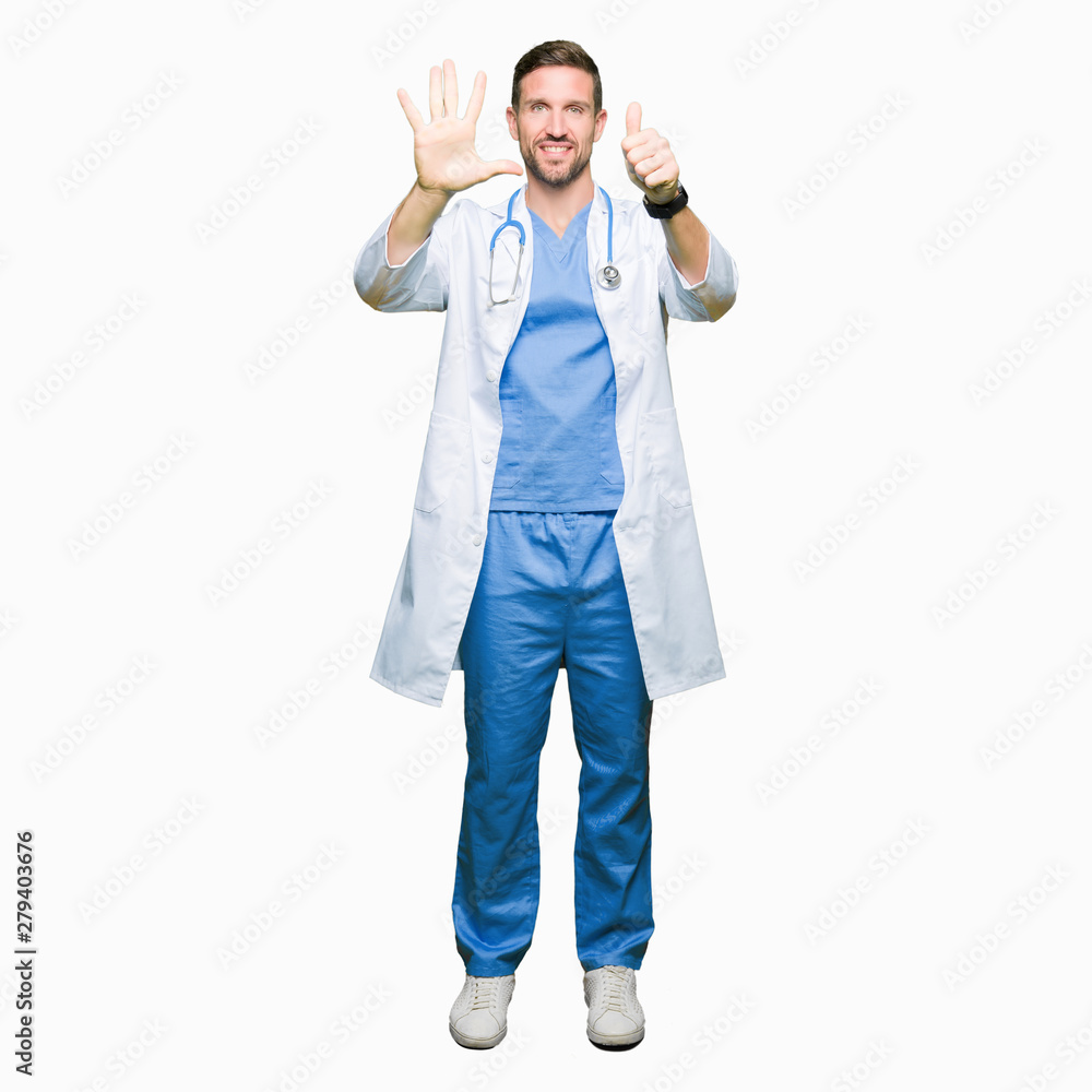 Handsome doctor man wearing medical uniform over isolated background showing and pointing up with fingers number six while smiling confident and happy. Handsome doctor man wearing medical uniform over isolated background showing and pointing up with fingers number six while smiling confident and happy.
