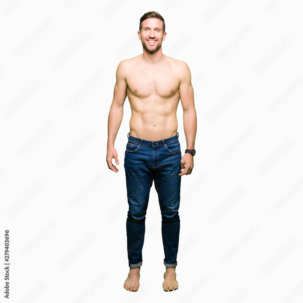 Handsome shirtless man showing nude chest with a happy and cool smile on face. Lucky person. Handsome shirtless man showing nude chest with a happy and cool smile on face. Lucky person.