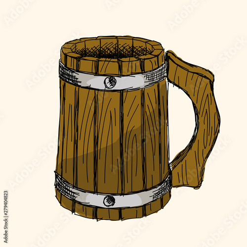 Wooden beer mug with a metal rim.