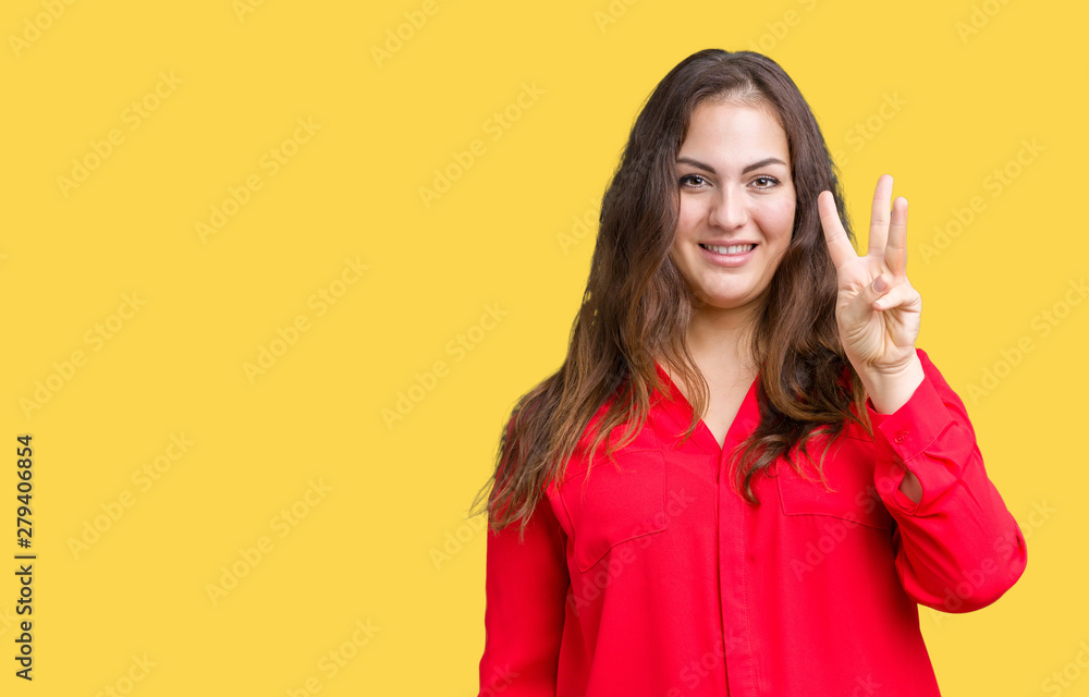 Beautiful plus size young business woman over isolated background showing and pointing up with fingers number three while smiling confident and happy. Beautiful plus size young business woman over isolated background showing and pointing up with fingers number three while smiling confident and happy.