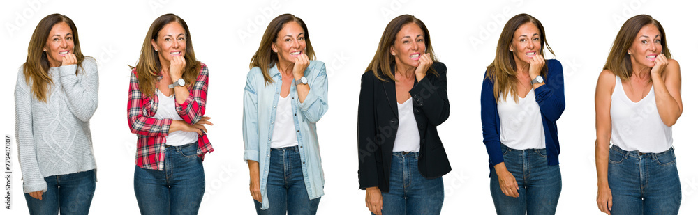 Collage of beautiful middle age woman over white isolated background looking stressed and nervous with hands on mouth biting nails. Anxiety problem. Collage of beautiful middle age woman over white isolated background looking stressed and nervous with hands on mouth biting nails. Anxiety problem.