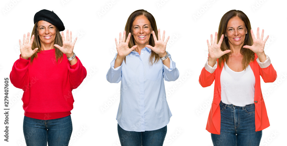 Obraz premium Collage of beautiful middle age woman over white isolated background showing and pointing up with fingers number ten while smiling confident and happy.