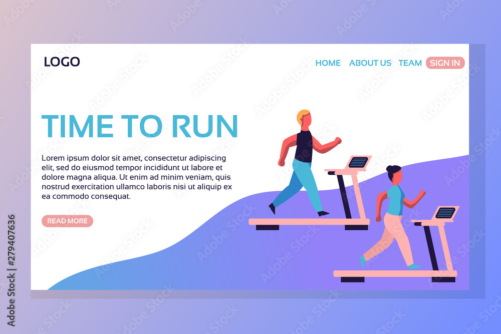 Sport landing page set. Woman and man running on treadmill web page. Time to run. Flat vector illustration. Sport landing page set. Woman and man running on treadmill web page. Time to run. Flat vector illustration.