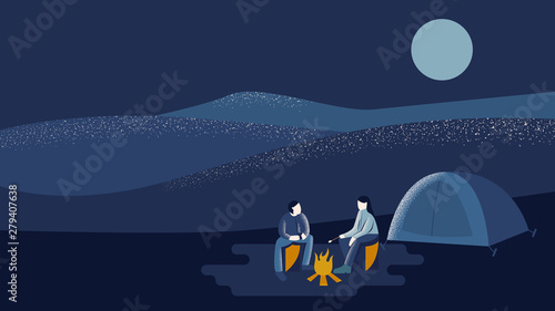 A tent and a campfire in mountains. People talking near tent. Landscape illustration with grainy texture. Concept of discovery, hiking, adventure tourism, camping and travel. Flat vector illustration.