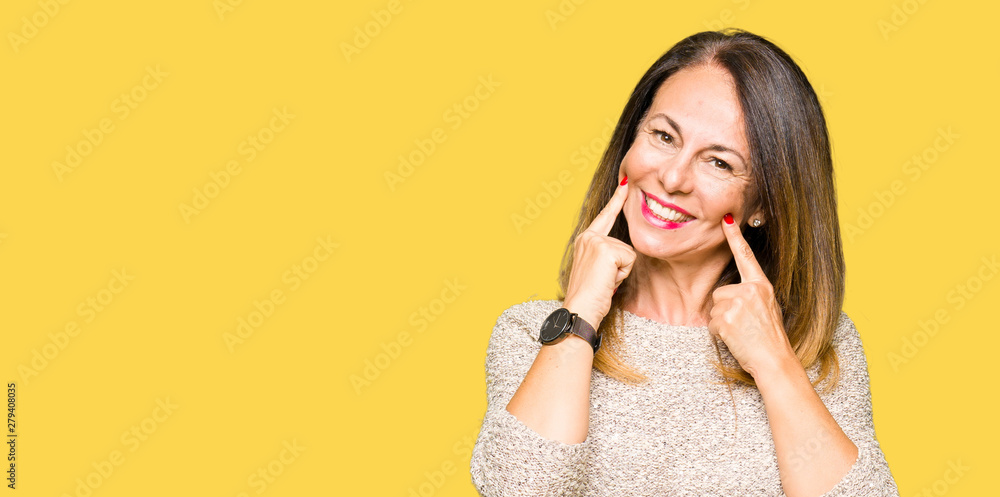 Beautiful middle age woman wearing fashion sweater Smiling with open mouth, fingers pointing and forcing cheerful smile Beautiful middle age woman wearing fashion sweater Smiling with open mouth, fingers pointing and forcing cheerful smile