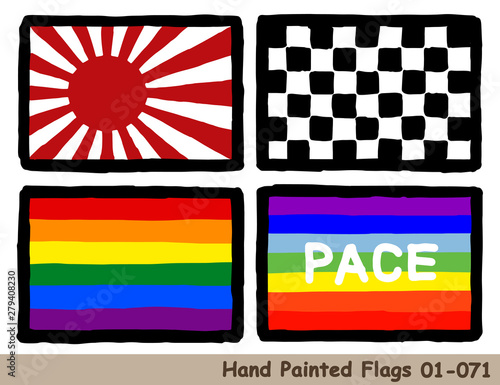 手描きの旗アイコン,旭日旗,チェッカーフラッグ,レインボーフラッグ,平和の旗　Flag of the  Rising Sun Flag, Checkered Flag, rainbow flag, Peace flag, hand drawn isolated vector icon.