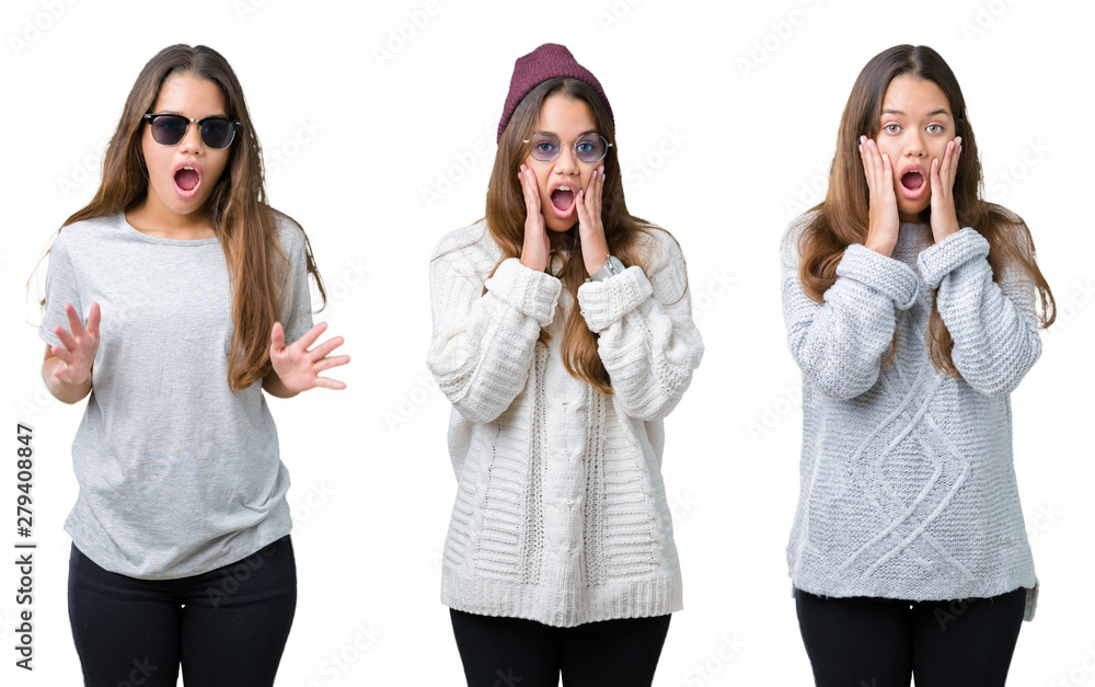 Collage of beautiful young woman over isolated background afraid and shocked with surprise expression, fear and excited face. Collage of beautiful young woman over isolated background afraid and shocked with surprise expression, fear and excited face.