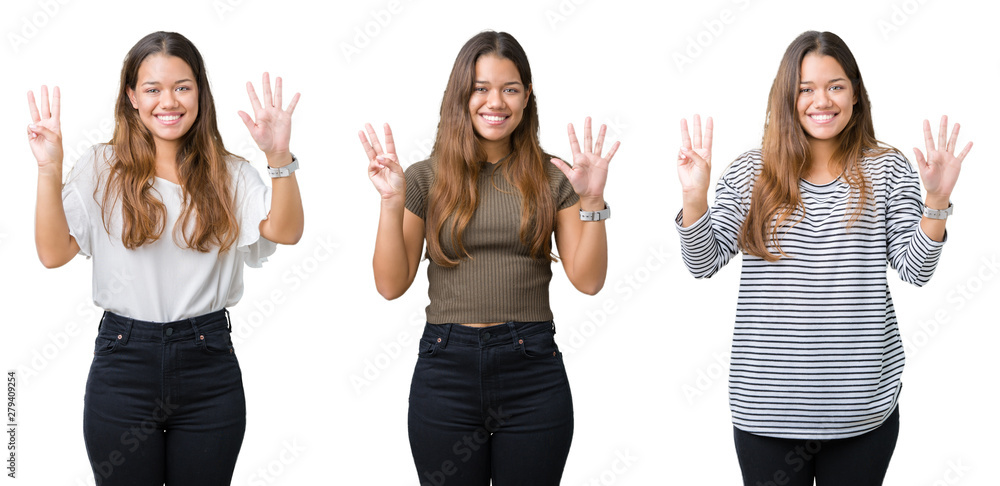 Collage of beautiful young woman over isolated background showing and pointing up with fingers number eight while smiling confident and happy.