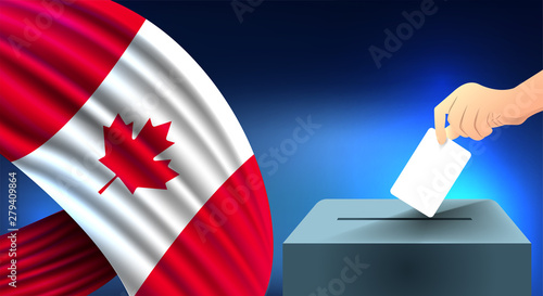Male hand puts down a white sheet of paper with a mark as a symbol of a ballot paper against the background of the Canada flag, Canada the symbol of elections