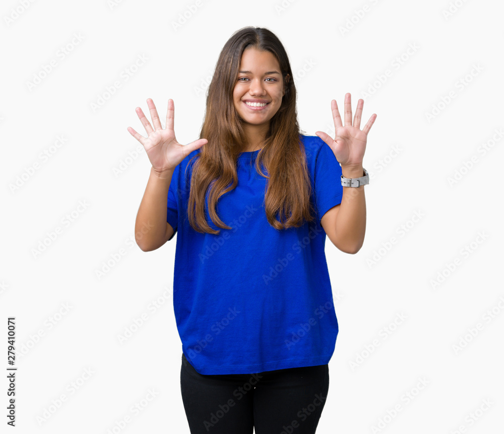 Young beautiful brunette woman wearing blue t-shirt over isolated background showing and pointing up with fingers number ten while smiling confident and happy. Young beautiful brunette woman wearing blue t-shirt over isolated background showing and pointing up with fingers number ten while smiling confident and happy.