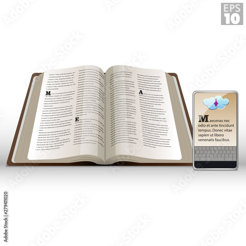 Wide open perfect bound book next to mobile device phone to download reading app from online cloud.