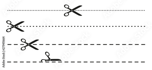 simple flat black and white scissors and dotted or dashed perforation line icon
