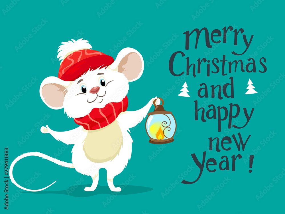 Cute white mouse in a scarf and a red hat, a symbol of 2020. Ratatouille Vector character in cartoon style. Handwritten. Merry Christmas and happy new year. Cute white mouse in a scarf and a red hat, a symbol of 2020. Ratatouille Vector character in cartoon style. Handwritten. Merry Christmas and happy new year.
