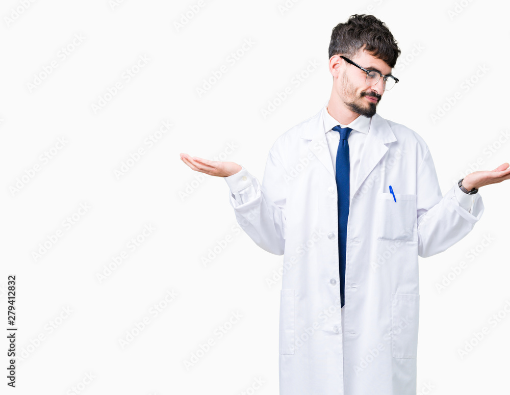 Young professional scientist man wearing white coat over isolated background Smiling showing both hands open palms, presenting and advertising comparison and balance Young professional scientist man wearing white coat over isolated background Smiling showing both hands open palms, presenting and advertising comparison and balance