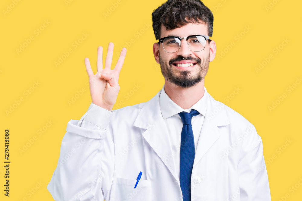 Young professional scientist man wearing white coat over isolated background showing and pointing up with fingers number four while smiling confident and happy. Young professional scientist man wearing white coat over isolated background showing and pointing up with fingers number four while smiling confident and happy.