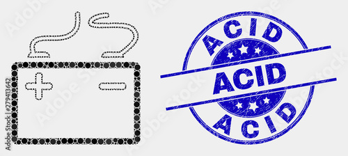Dotted accumulator battery mosaic icon and Acid seal stamp. Blue vector rounded grunge seal stamp with Acid text. Vector combination in flat style.