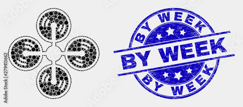 Pixelated air copter mosaic pictogram and By Week watermark. Blue vector round grunge seal stamp with By Week message. Vector combination in flat style.