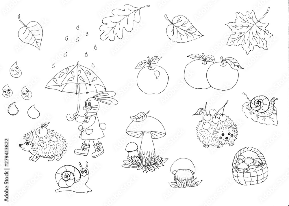 forest animals, autumn walk in the rain, the bunny, rabbit goes under an umbrella, hedgehogs collect mushrooms, apples. Raindrops drip cheerfully, snails rejoice in the rain. Leaves are falling, in th